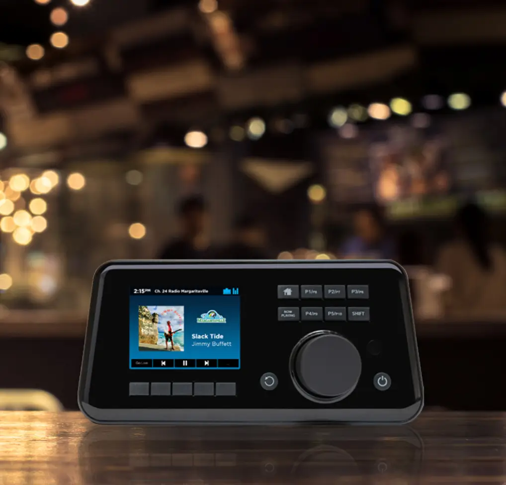 Close-up of a digital music player or streaming control device on a counter, displaying an album cover and song information.